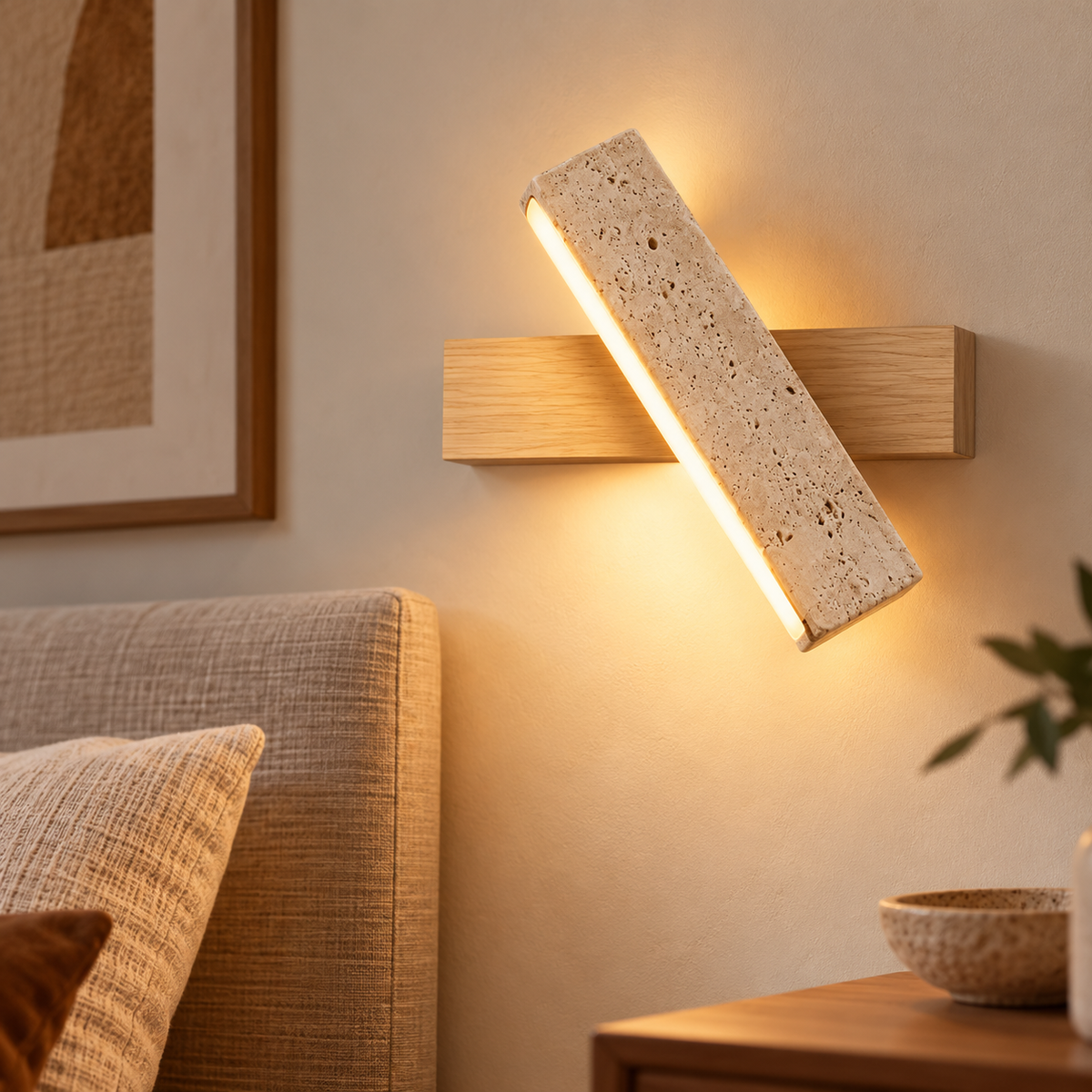 Applique murale Soren — Travertin & bois naturel