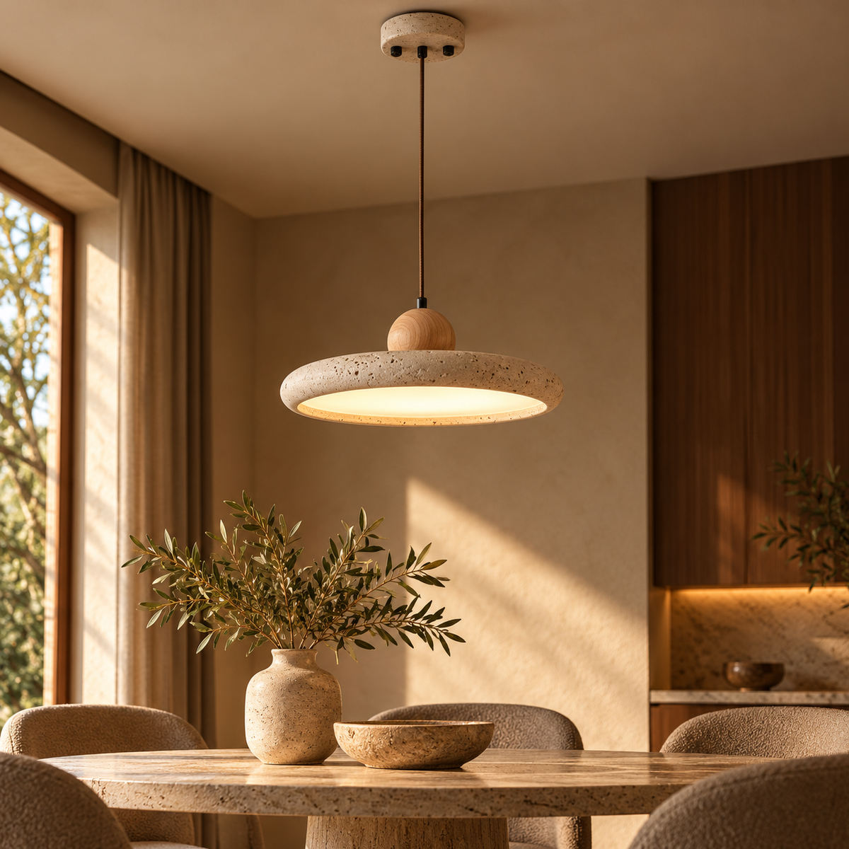 Suspension Elio — Travertin naturel & bois