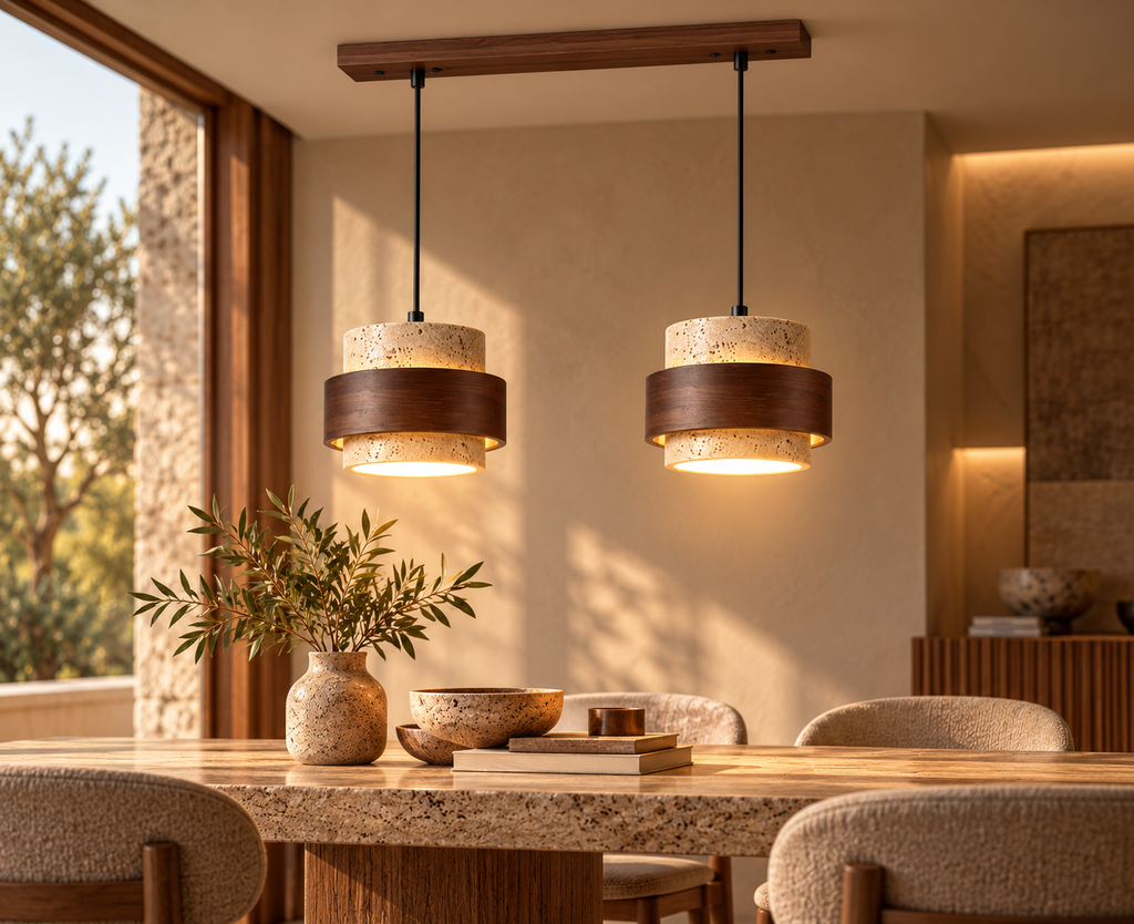 Suspension Avelio — Travertin & bois naturel