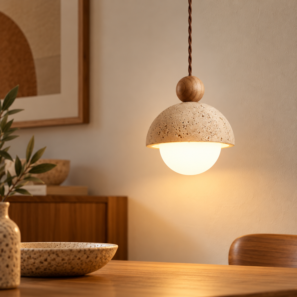 Suspension Naïa — Travertin & bois noyer
