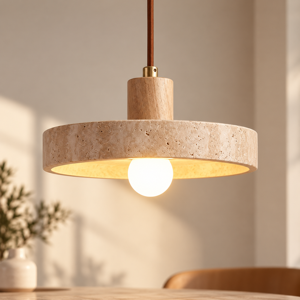 Suspension Alba — Travertin & bois naturel