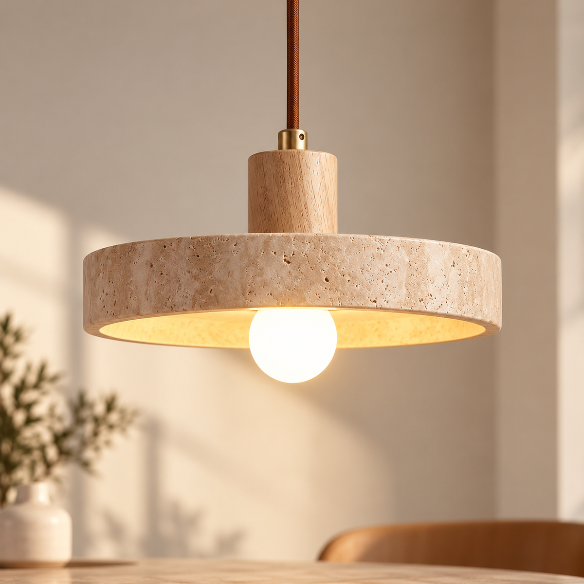 Suspension Alba — Travertin & bois naturel