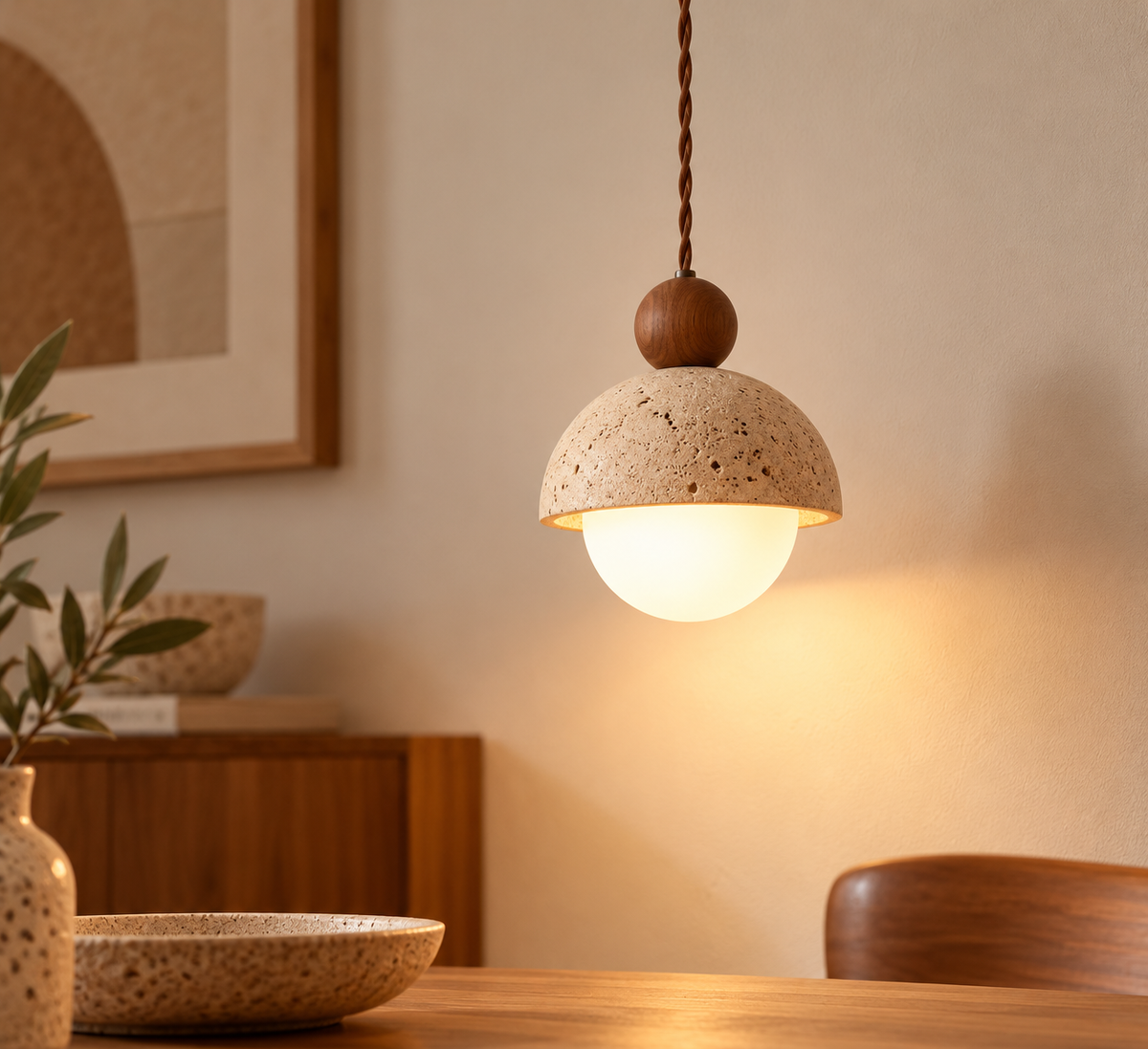Suspension Naïa — Travertin & bois noyer
