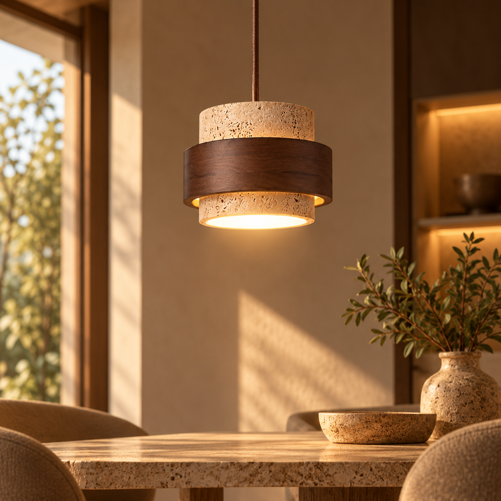 Suspension Avelio — Travertin & bois naturel