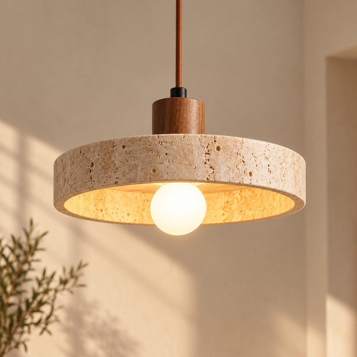 Suspension Alba — Travertin & bois naturel