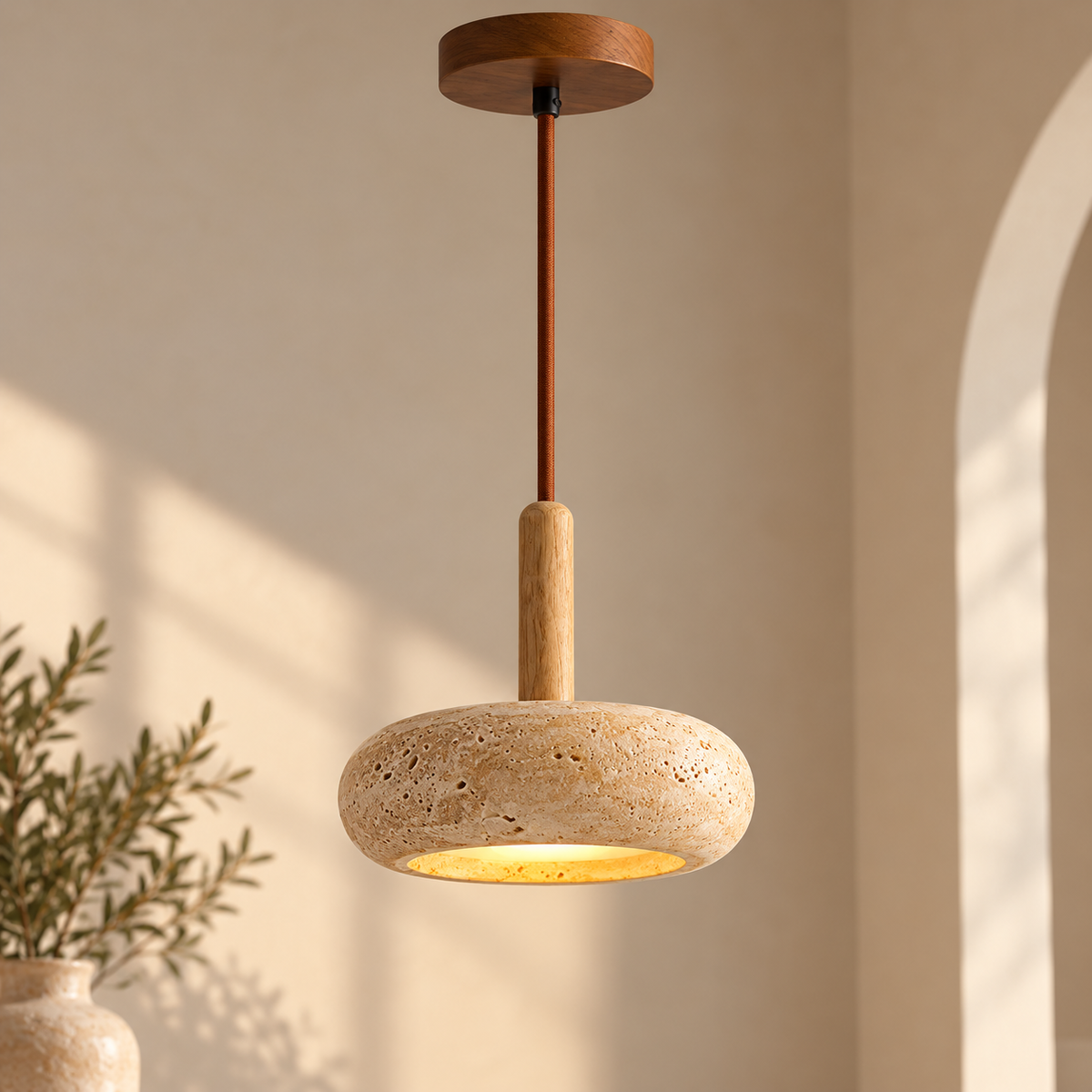 Suspension Noma — Travertin & bois naturel
