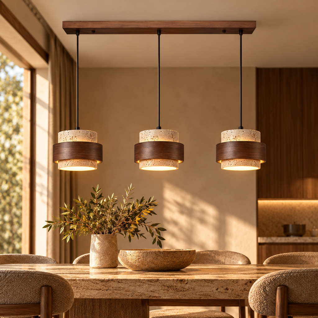 Suspension Avelio — Travertin & bois naturel